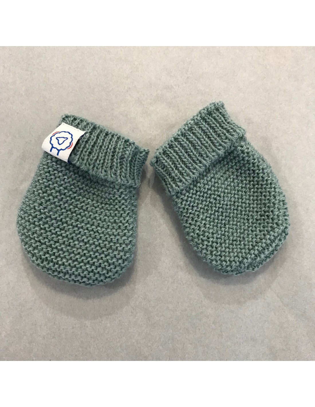 Moufles De Naissance En Tricot Vert Gris