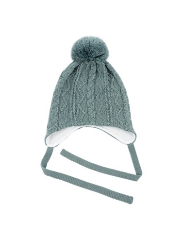 Bonnet Camille Vert avec Pompon et lien d'attache en laine de mérinos