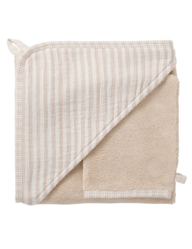 Cape de bain & Gant de toilette Bambou Stripe Galet Beige