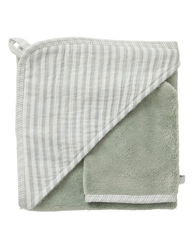 Cape de bain & Gant de toilette Bambou Stripes Vert de Gris Vert